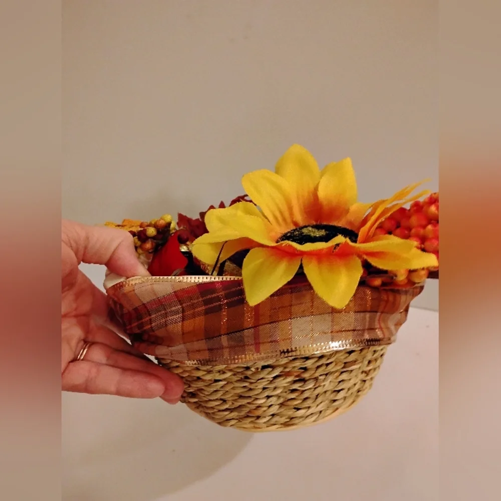 Autumn Harvest Floral Berries Leaves Small Basket Mixed Media Homemade Accents